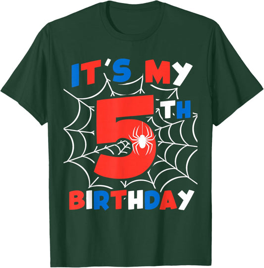Spider Web 5th Birthday Party 5 Year Old Birthday Boys Kids T-Shirt - T-Shirt | Forest