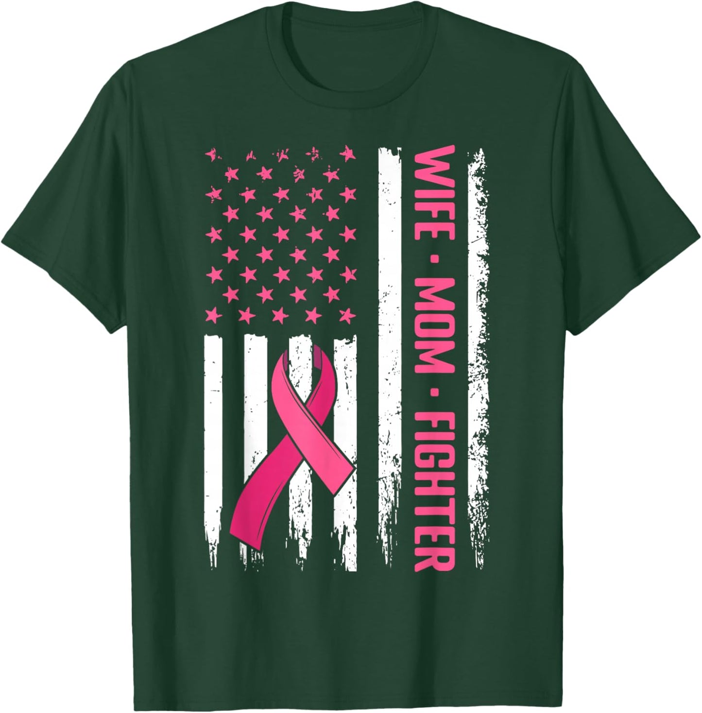 US Flag Pink Ribbon Survivor Warrior Breast Cancer Awareness T-Shirt - T-Shirt | Forest