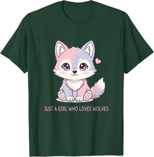 Just A Girl Who Loves Wolves Cute Kawaii Wolf Lover T-Shirt - T-Shirt | Forest