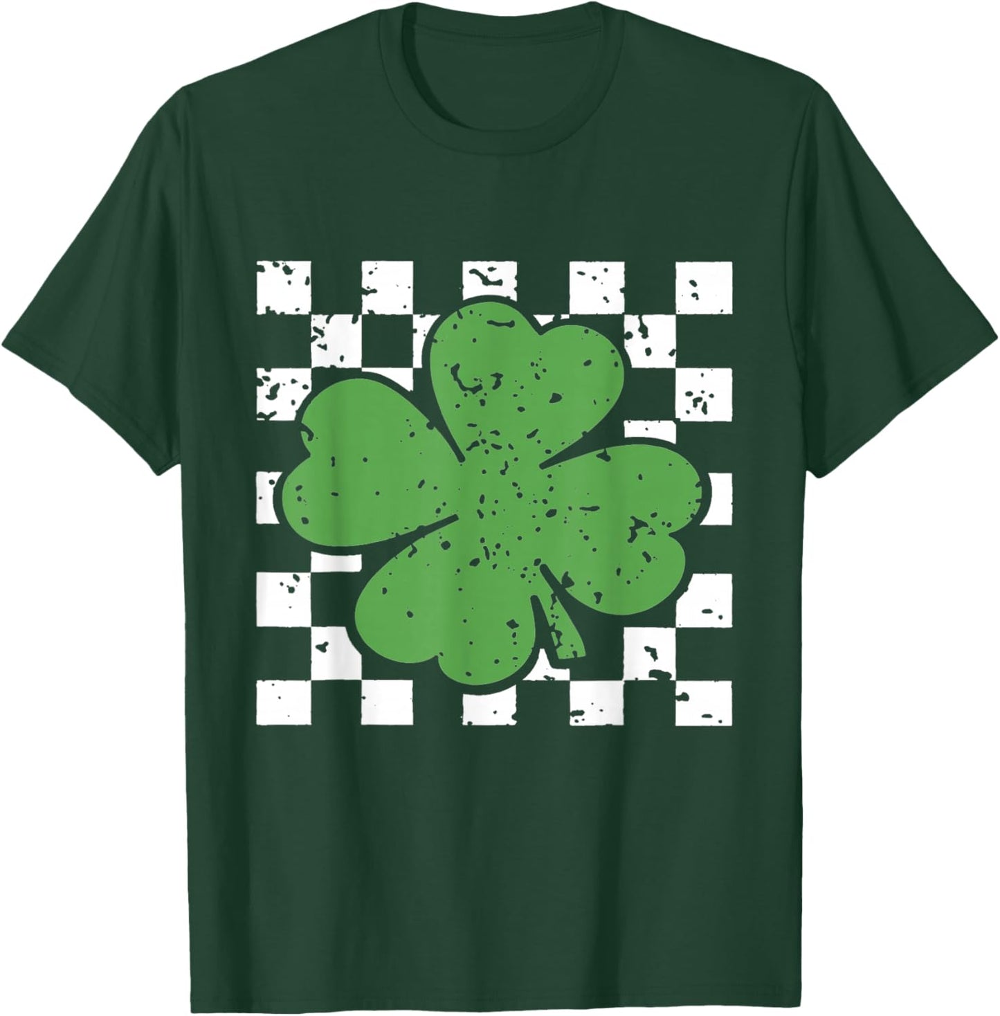 Vintage Four Leaf Clover Checkered Pattern Green T-Shirt - T-Shirt | Forest