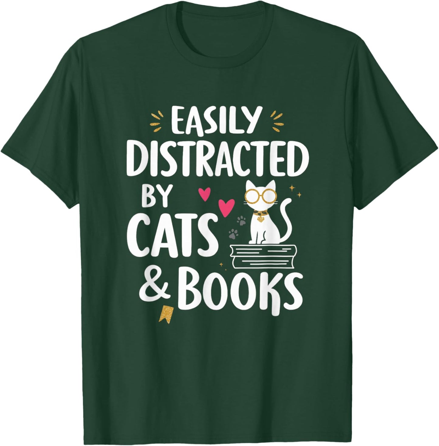 Easily Distracted by Cats and Books Cute Reader T-Shirt - T-Shirt | Forest