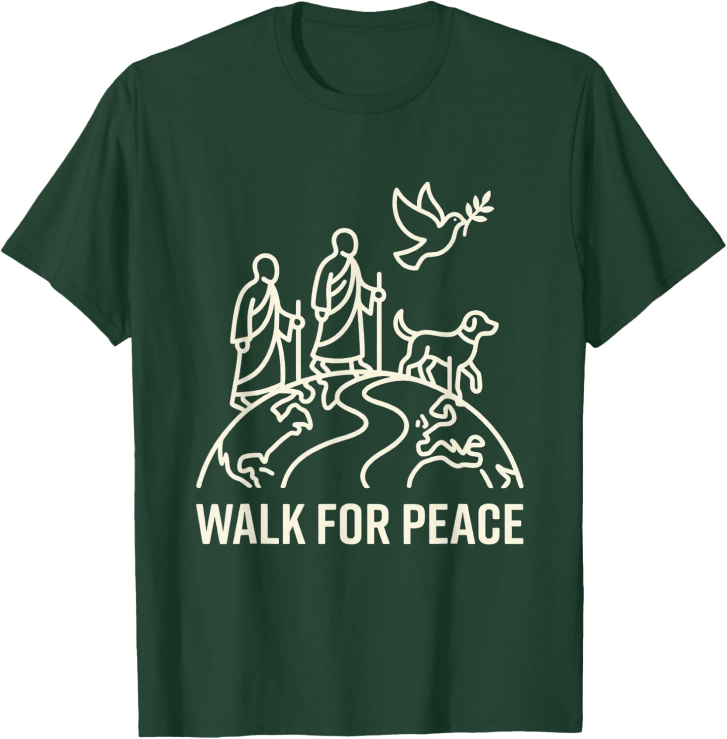Walk for Peace Aloka Monks with Dog and Dove Line Art T-Shirt - T-Shirt | Forest