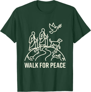 Walk for Peace Aloka Monks with Dog and Dove Line Art T-Shirt - T-Shirt | Forest