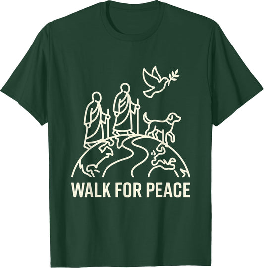Walk for Peace Aloka Monks with Dog and Dove Line Art T-Shirt - T-Shirt | Forest