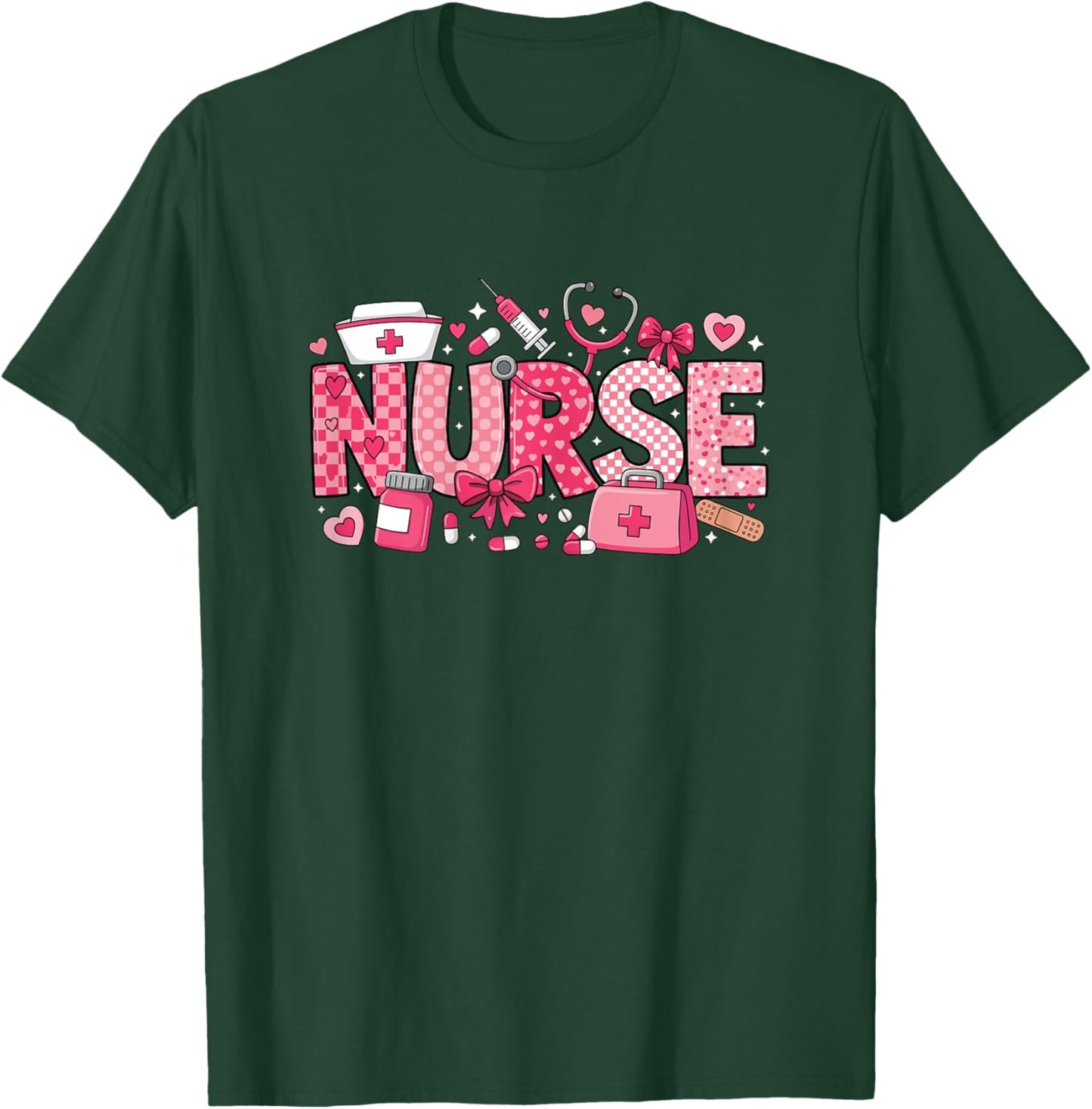 Valentines Day Nurse Stethoscope Coquette Bow Cute Nurses T-Shirt - T-Shirt | Forest
