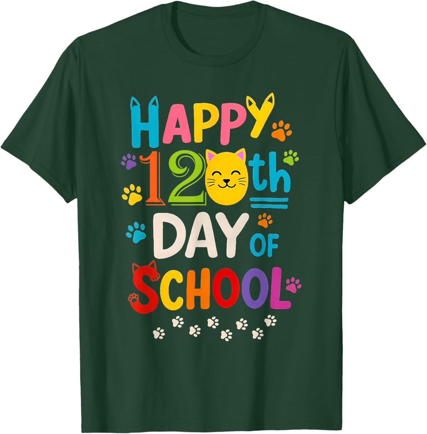 120th Day of School 120 Days of Pawsome Cat Paws Boys Girls T-Shirt - T-Shirt | Forest