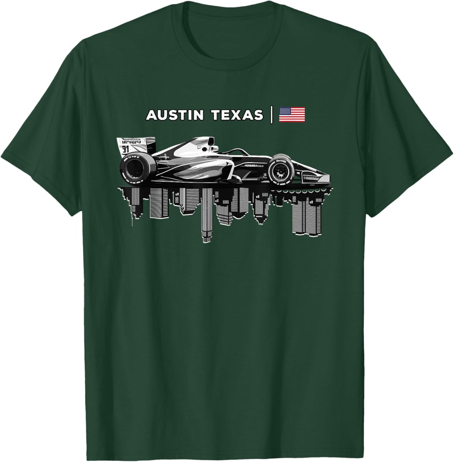 Austin Texas Racing Car Silhouette USA Flag T-Shirt - T-Shirt | Forest