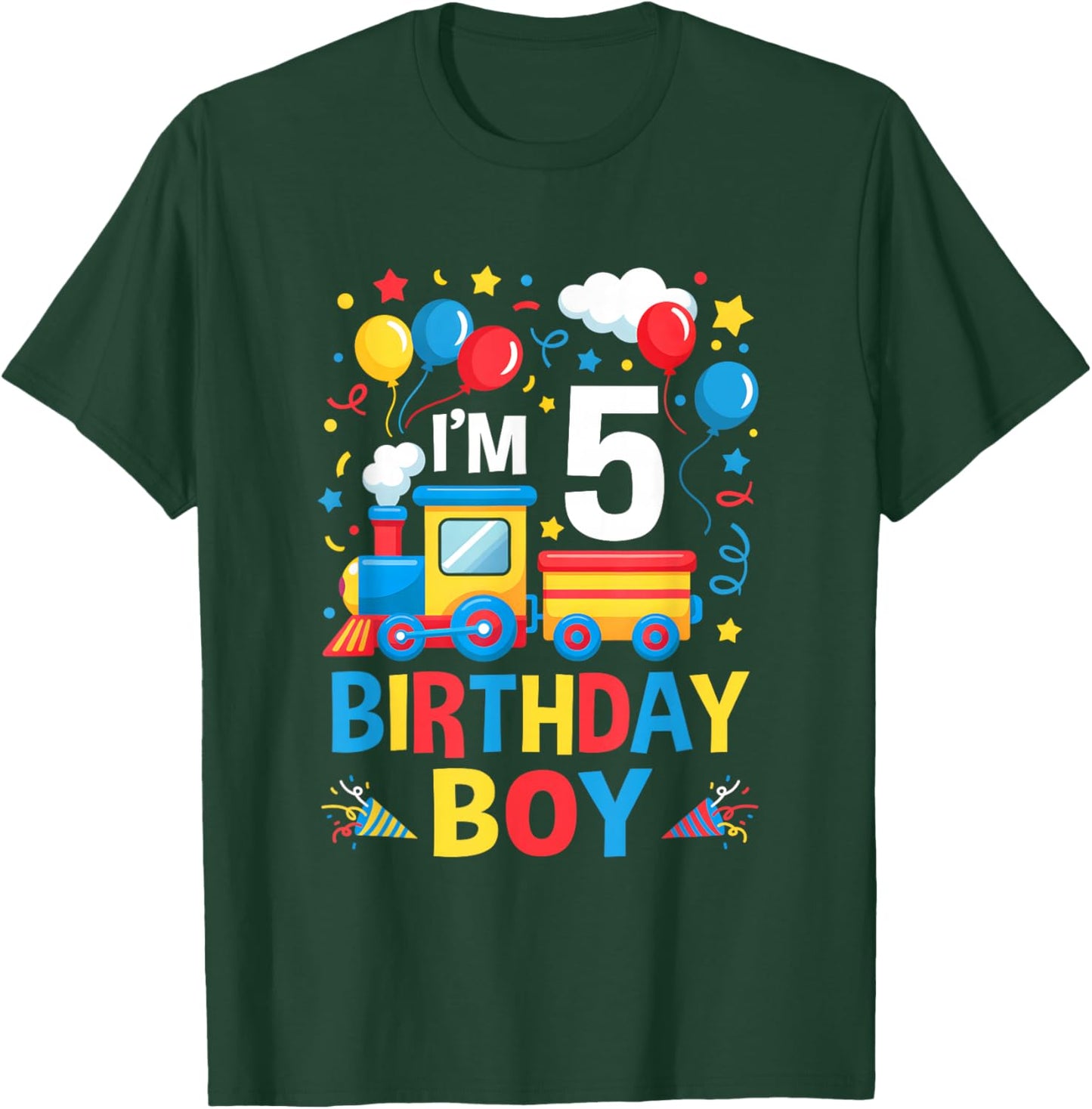 Five 5Yr 5Th Kids Boys Girls Train Birthday Boy 5 Years Old T-Shirt - T-Shirt | Forest