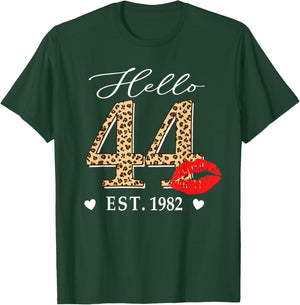 Hello 44 Fabulous Since 1982 44th Birthday Lips Leopard T-Shirt - T-Shirt | Forest