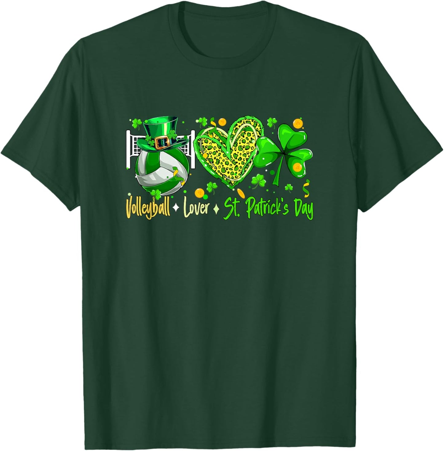 Volleyball Lover St. Patrick's Day Player Team Leopard Heart T-Shirt - T-Shirt | Forest