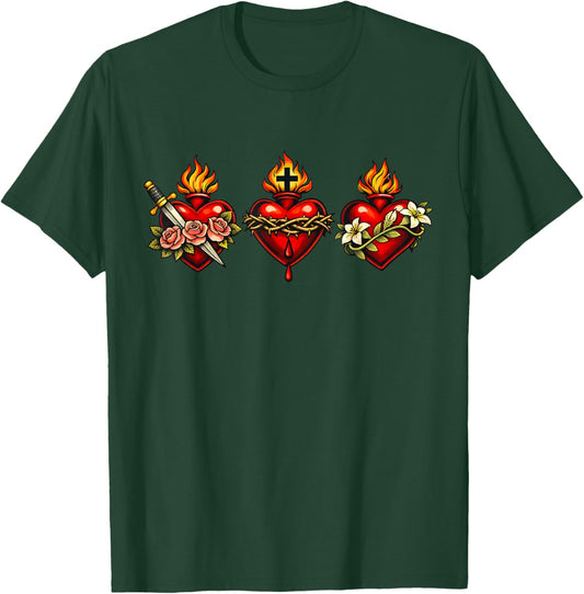 Three Sacred Hearts Catholic T-Shirt - T-Shirt | Forest