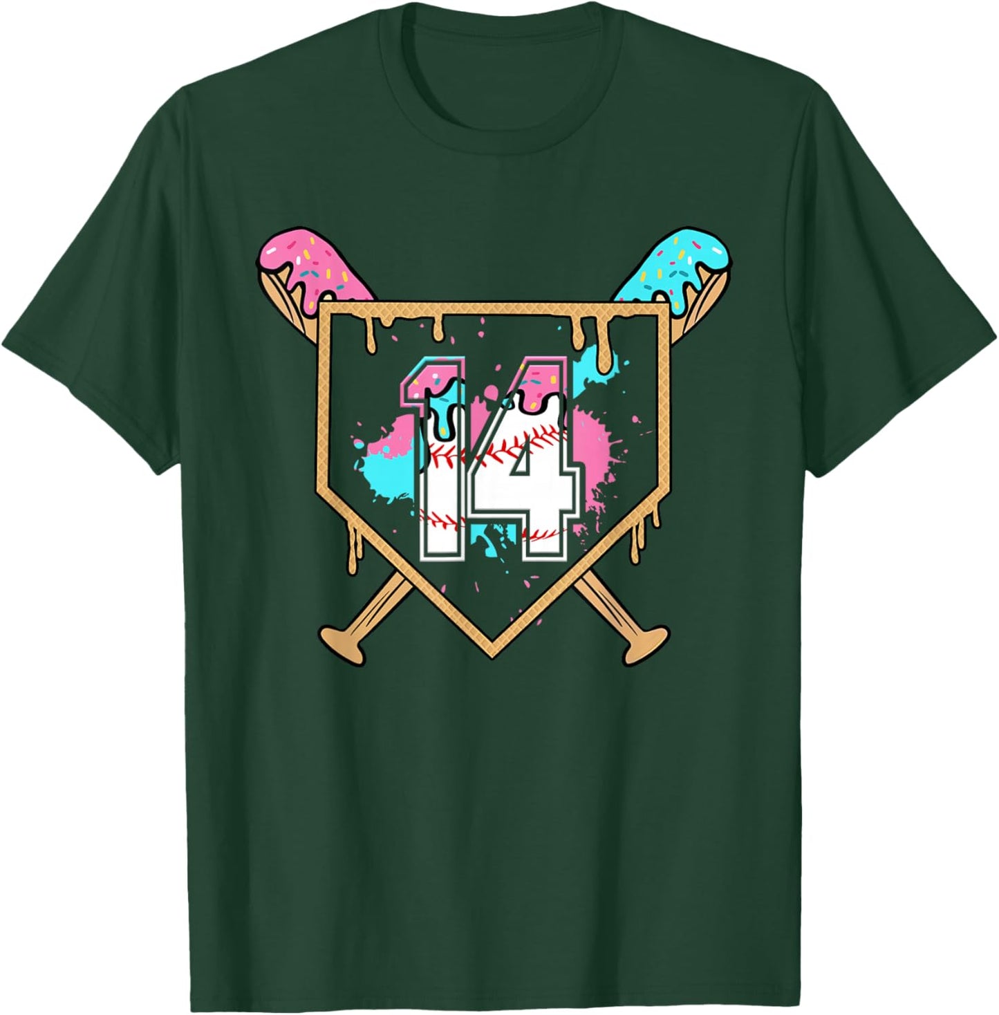 14th Birthday Baseball Bat Ice-Cream Drip 14yrs Old Boys T-Shirt - T-Shirt | Forest