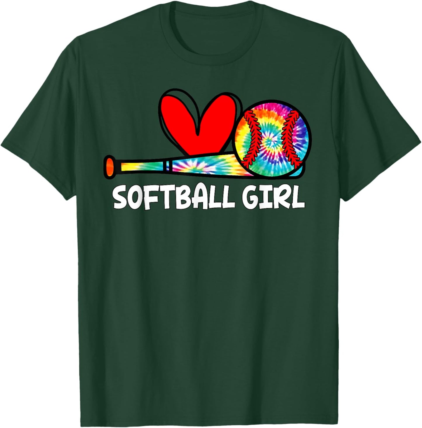 Softball Girl Tie Dye Heart Ball Cute Girls Softball T-Shirt - T-Shirt | Forest
