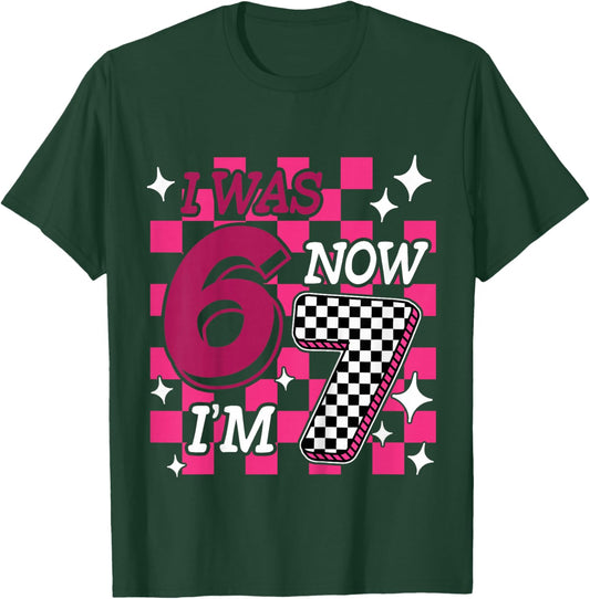 Kids Pink Checkered I was 6 Now I'm 7 Funny 67 Birthday Girl T-Shirt - T-Shirt | Forest