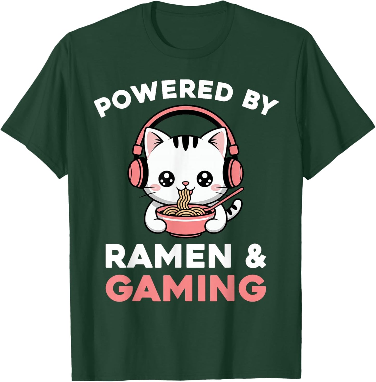 Gaming Cat Powered by Gaming & Ramen Funny Gamer Cat T-Shirt - T-Shirt | Forest