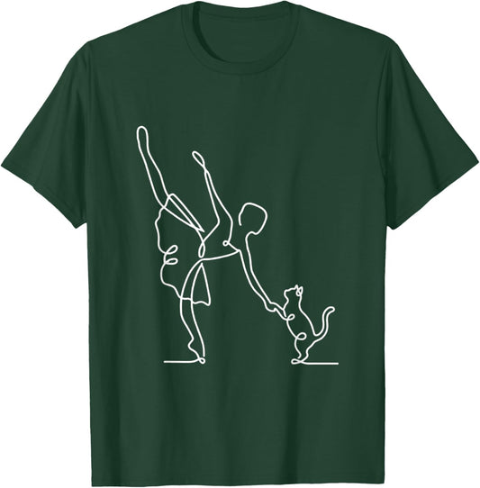 Minimalist Ballerina and Cat Line Art Ballet Dancer Pet Love T-Shirt - T-Shirt | Forest