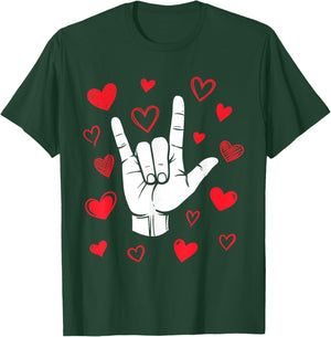 I Love You Sign Language Valentine's Day ASL Hearts T-Shirt - T-Shirt | Forest