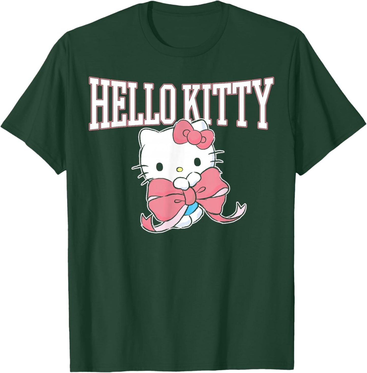 Hello Kitty Holding Pink Bow Collegiate Style Lettering T-Shirt - T-Shirt | Forest