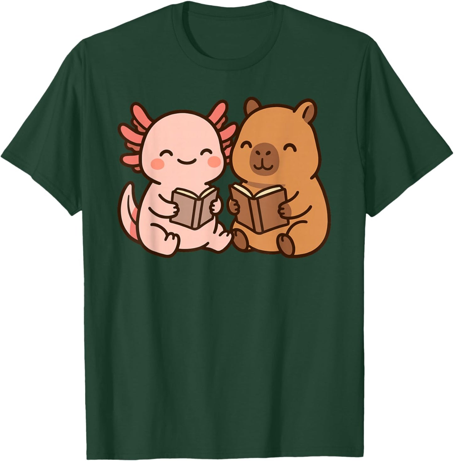 Capybara Axolotl Kawaii Kids Anime Book Lover Reading T-Shirt - T-Shirt | Forest