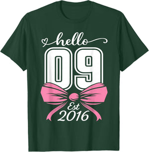 Hello Nine Est 2016 Coquette Bow 9th Birthday Girl T-Shirt - T-Shirt | Forest