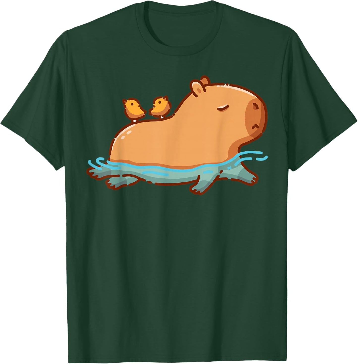 Cute Swimming Capybara with Birds Funny Animal Cartoon T-Shirt - T-Shirt | Forest