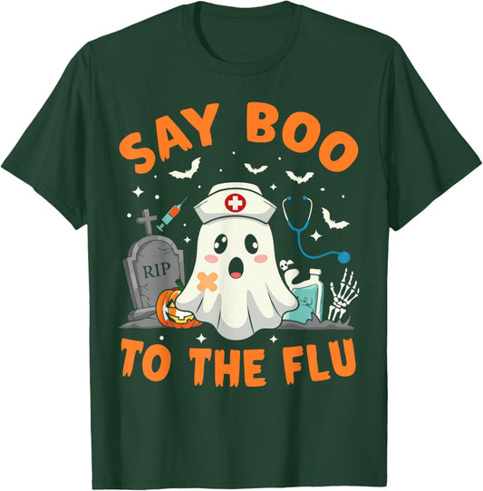 Funny Ghost Pharmacist Halloween Vaccine Say Boo to The Flu T-Shirt - T-Shirt | Forest