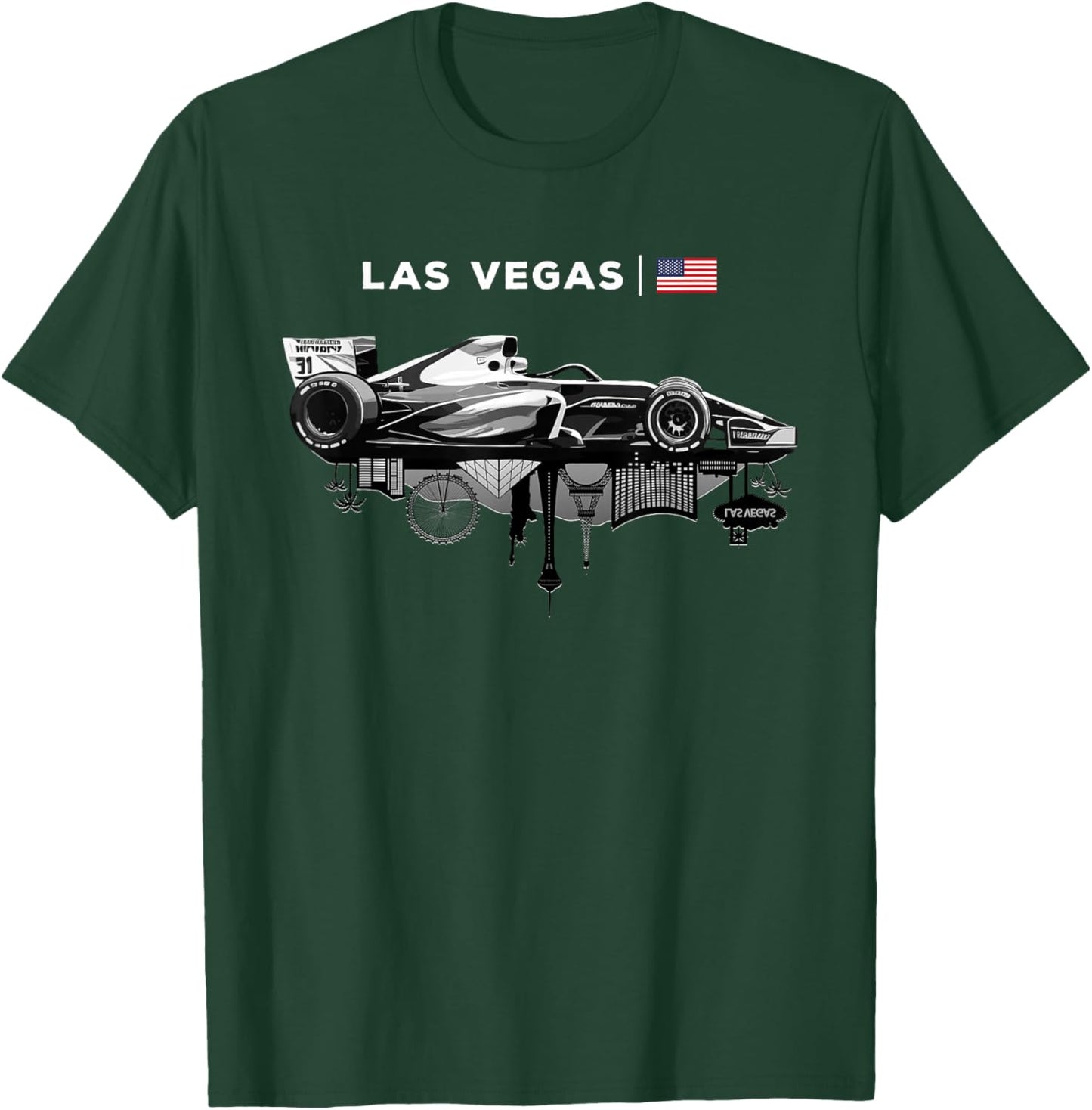 Las Vegas Racing Car Silhouette USA Flag T-Shirt - T-Shirt | Forest