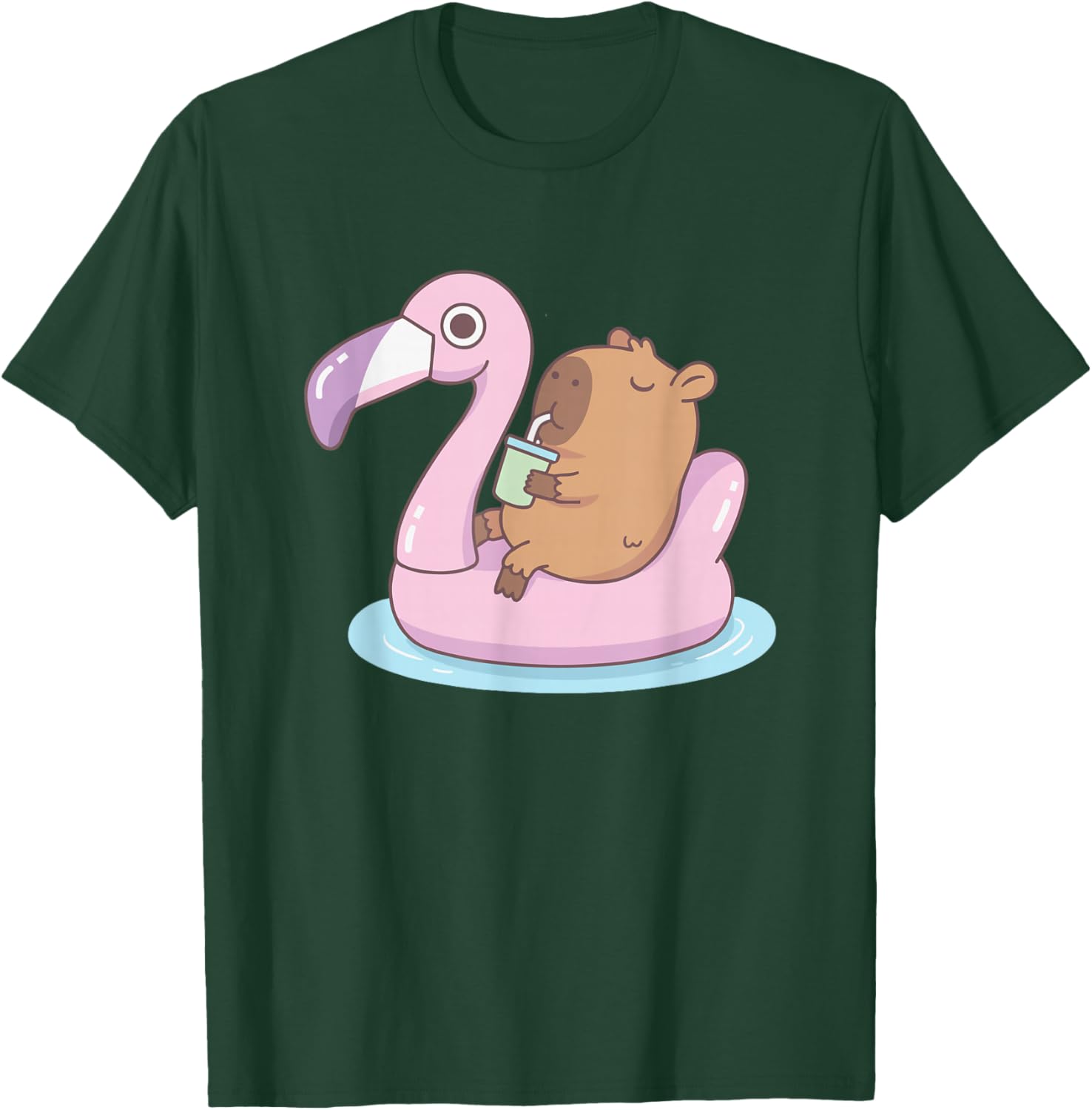 Cute Capybara Floating Flamingo Pool Summer Cartoon T-Shirt - T-Shirt | Forest