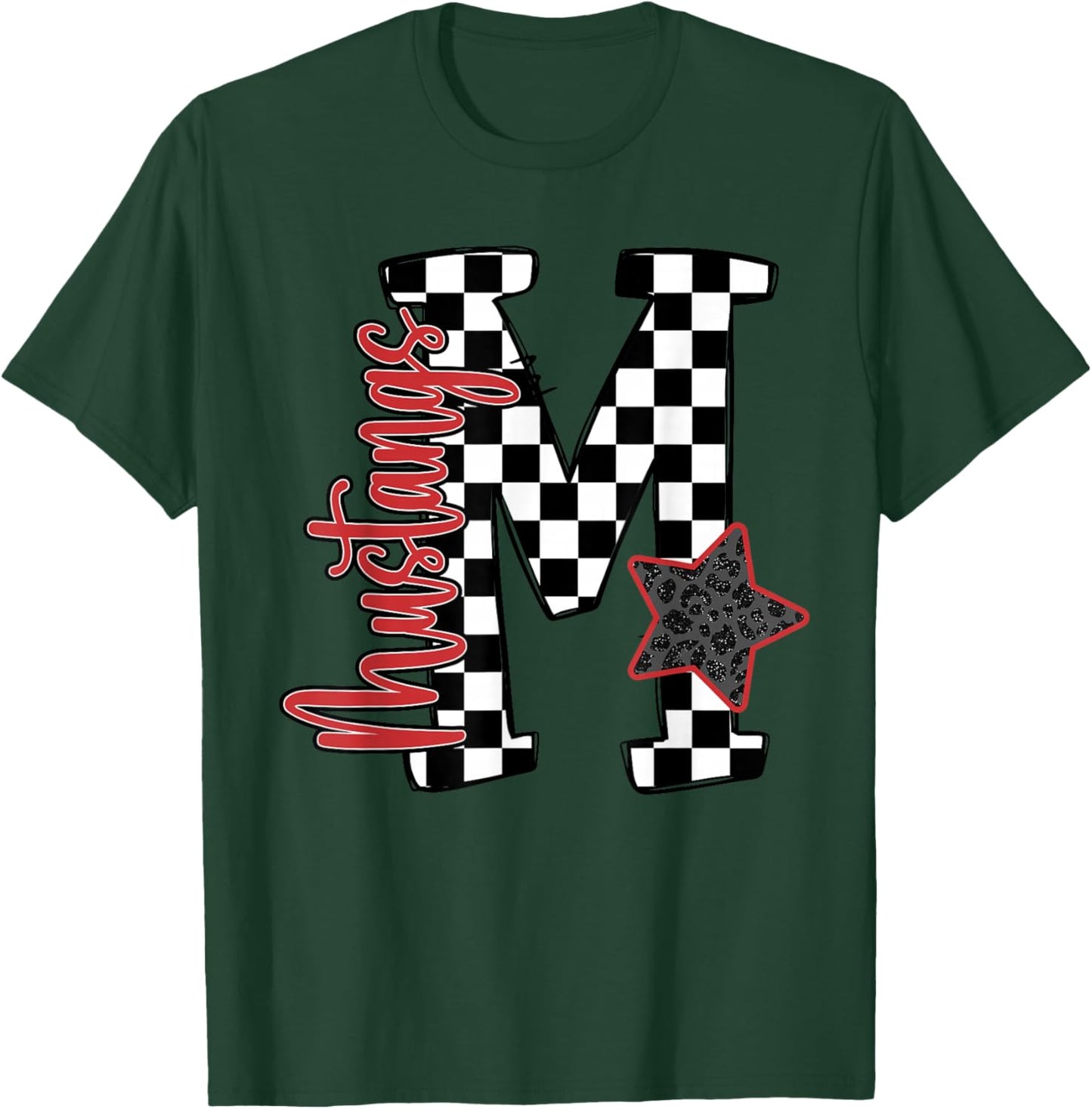 Red Mustangs Checkered Print Star School Spirit Mascot T-Shirt - T-Shirt | Forest