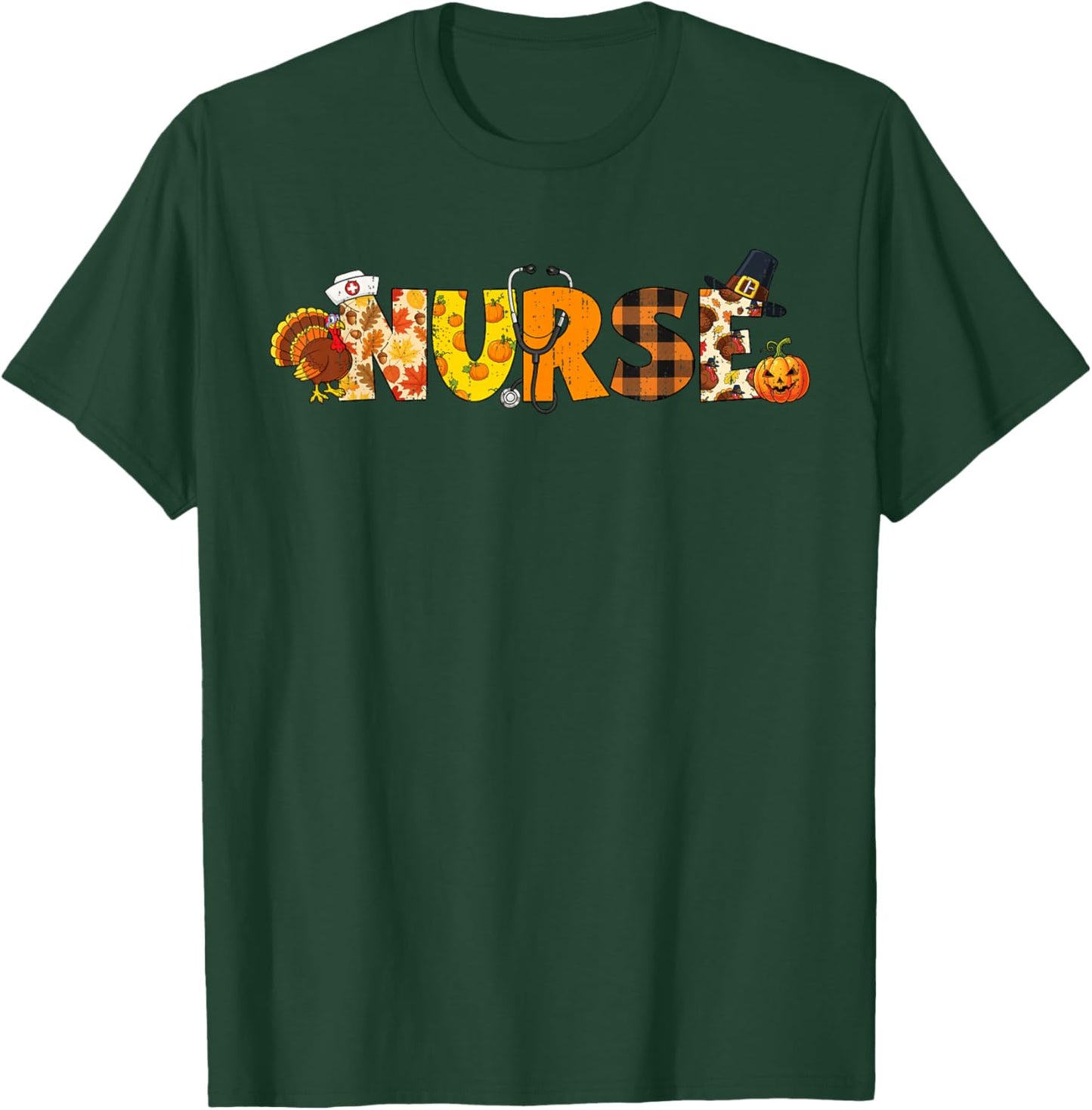 Funny Nurse Turkey Fall Thanksgiving Scrub Top RN ICU ER T-Shirt - T-Shirt | Forest