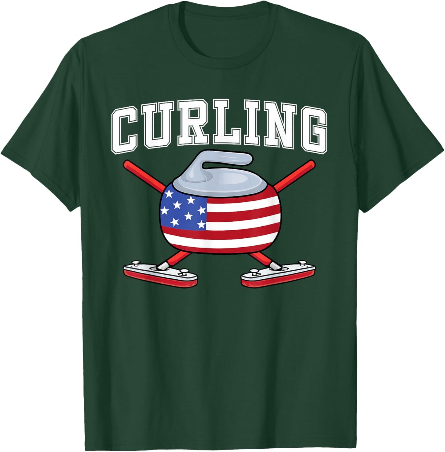 Winter Ice Sports US Curler Broom American Flag Curling Fan T-Shirt - T-Shirt | Forest