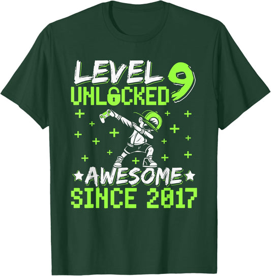 Level 9 Unlocked Awesome Since 2017 9th Birthday Gamer Boy T-Shirt - T-Shirt | Forest