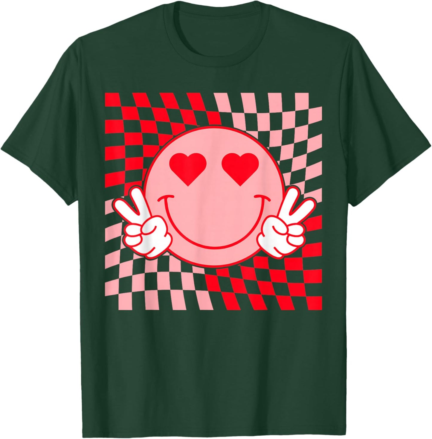 Retro Checkered Smile Face Hearts Valentine Funny Trendy T-Shirt - T-Shirt | Forest