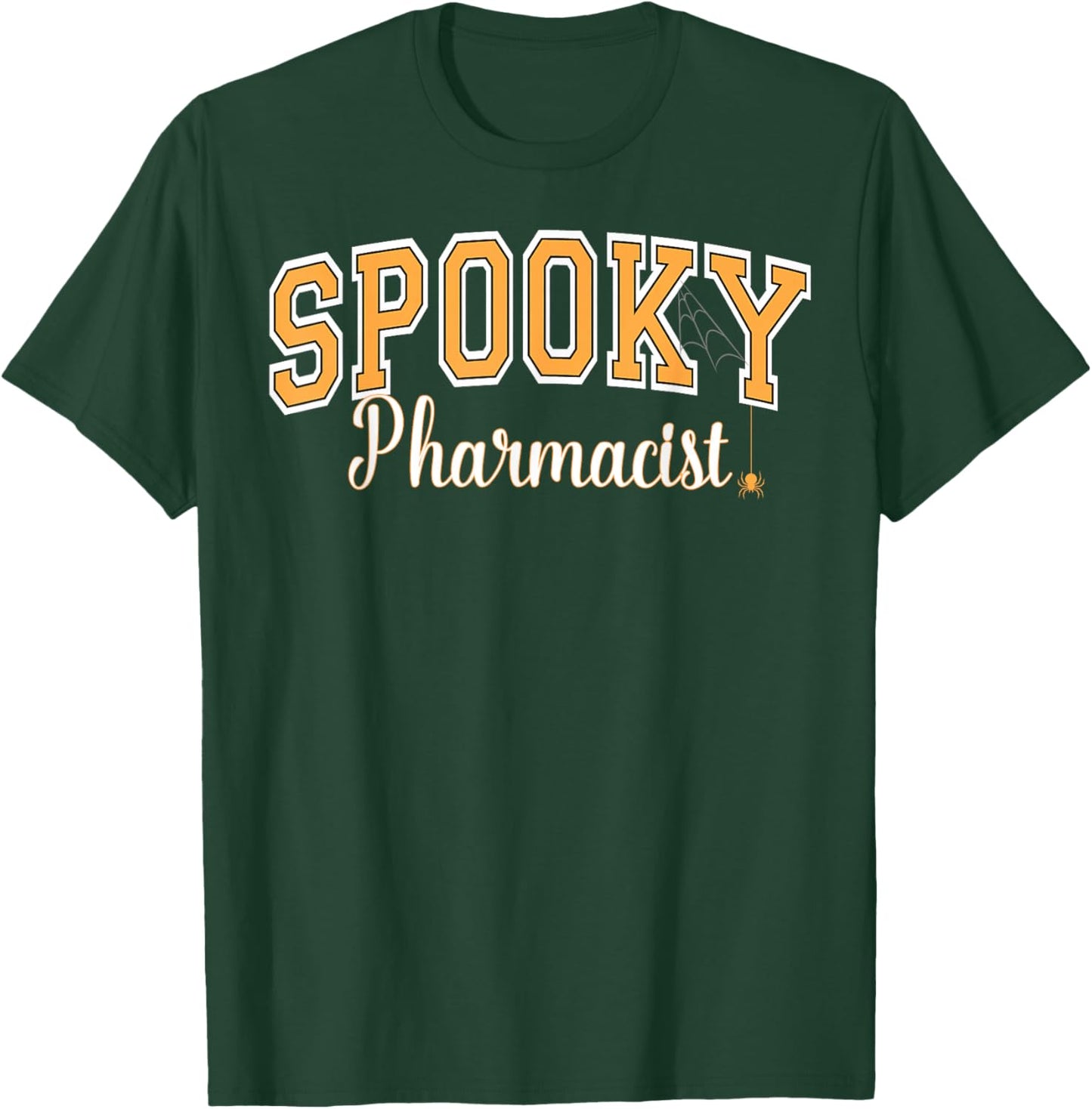 Spooky Pharmacist Halloween Spider Varsity Orange Letters T-Shirt - T-Shirt | Forest
