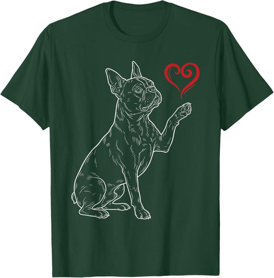 Boston Terrier Lover Dog Art Bostie Holding Heart Valentines T-Shirt - T-Shirt | Forest