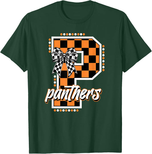 Panthers Checkered Print Orange Panther Pride School Spirit T-Shirt - T-Shirt | Forest