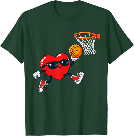 Valentines Day Basketball Funny Red Heart Love Boys Kids T-Shirt - T-Shirt | Forest