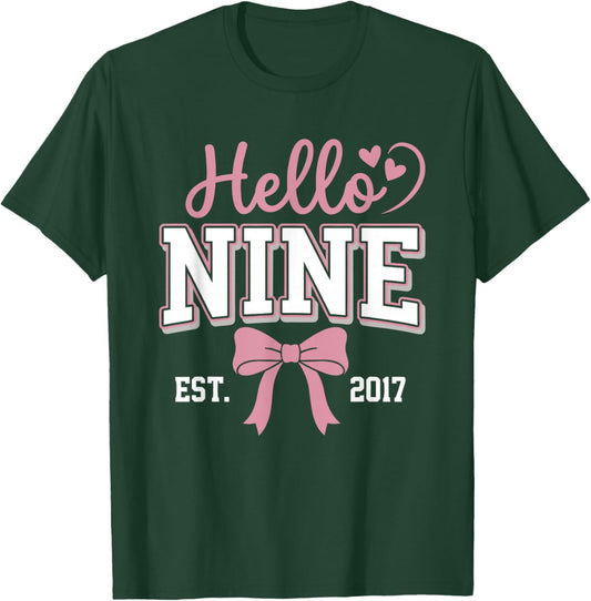 Hello Nine Est 2017 Coquette Bow 9th Birthday Girl T-Shirt - T-Shirt | Forest