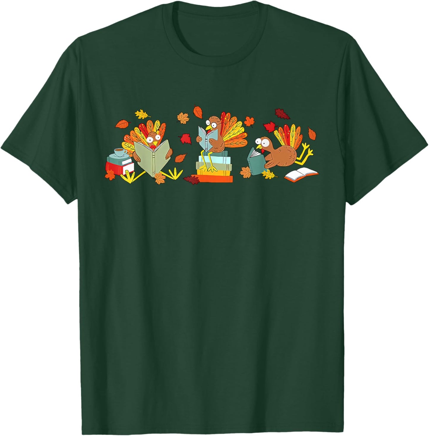 Turkey Reading Books Fall Thanksgiving Teacher Book Lovers T-Shirt - T-Shirt | Forest