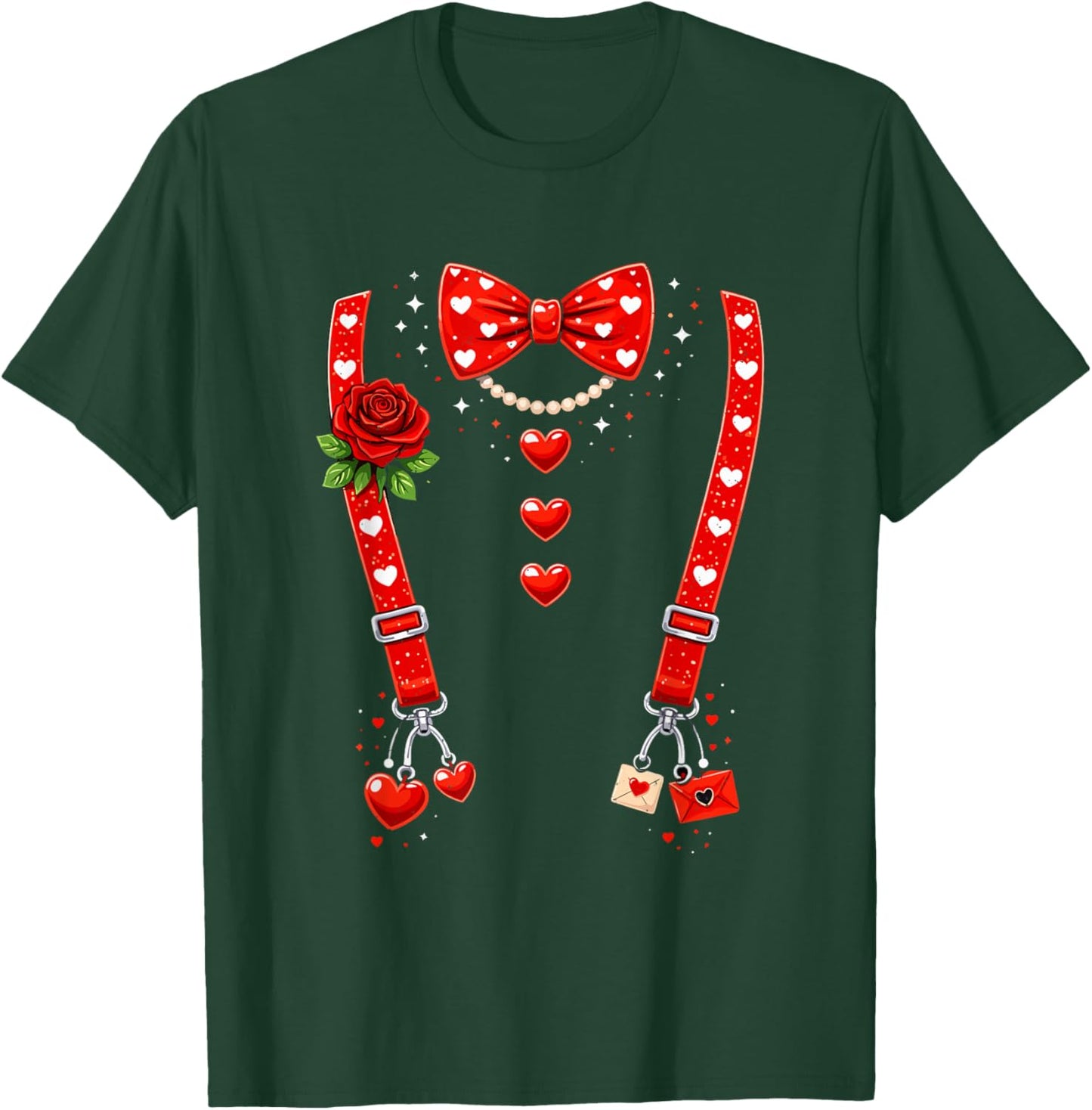 Valentines Day Red Hearts Bow Tie Funny Suspender Couple T-Shirt - T-Shirt | Forest