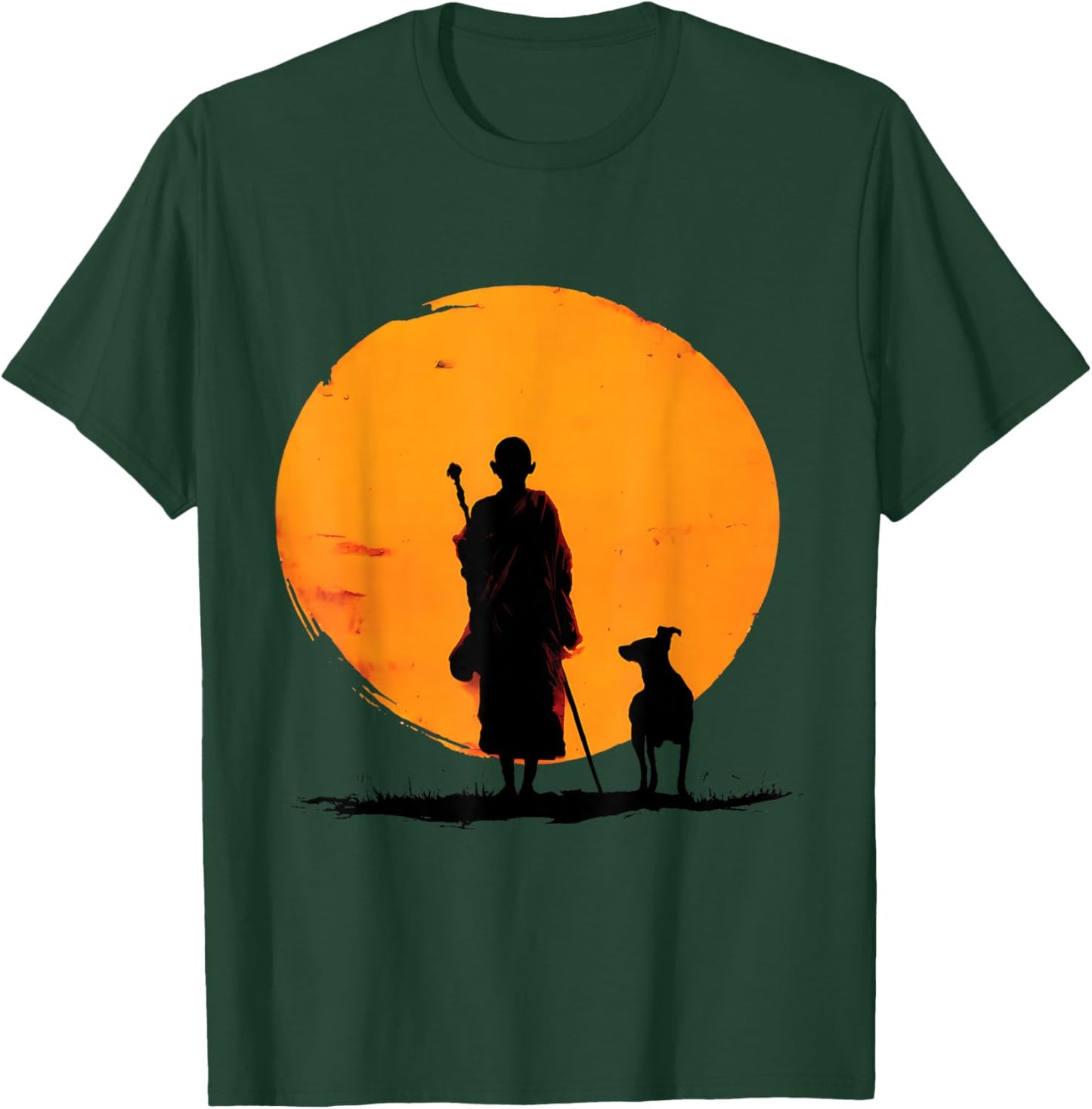 Retro Peace Walking Monks & Dog Minimalist Zen Art Graphic T-Shirt - T-Shirt | Forest