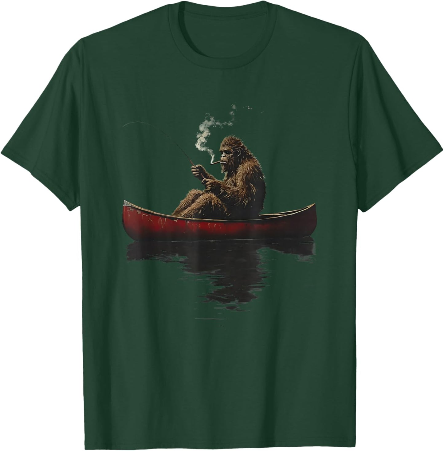 Bigfoot on a red Canoe Fishing Retro Art Print T-Shirt - T-Shirt | Forest