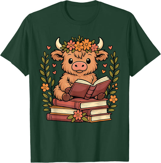 Highland Cow Reading Book Graphic Cow with Book Floral T-Shirt - T-Shirt | Forest