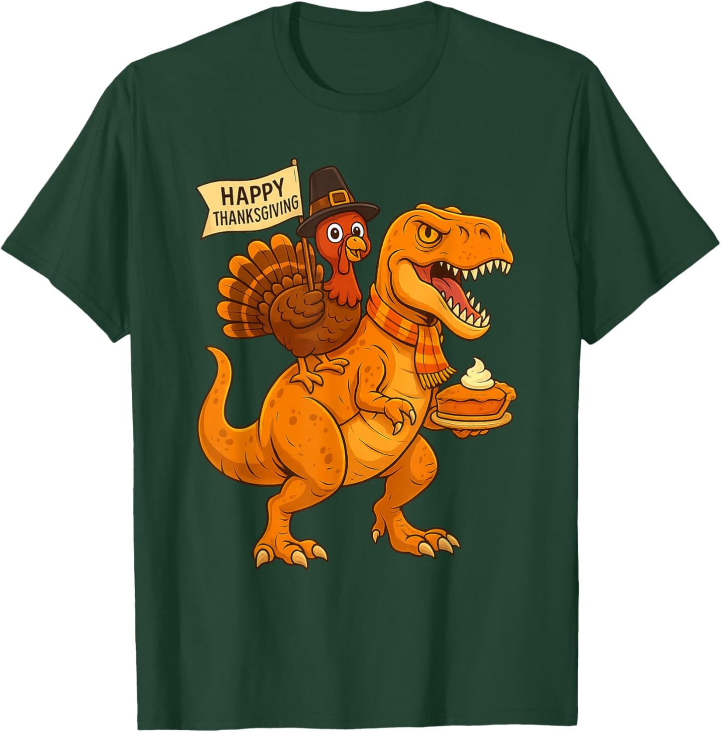 Funny Thanksgiving Dinosaur Turkey Riding T Rex Pumpkin Pie T-Shirt - T-Shirt | Forest