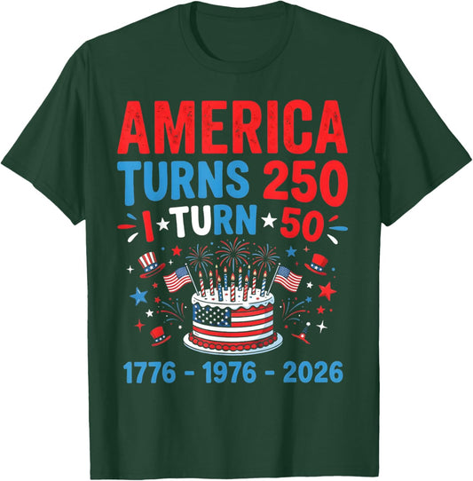 Vintage 50th Birthday America Turns 250 I Turn 50 Patriotic T-Shirt - T-Shirt | Forest