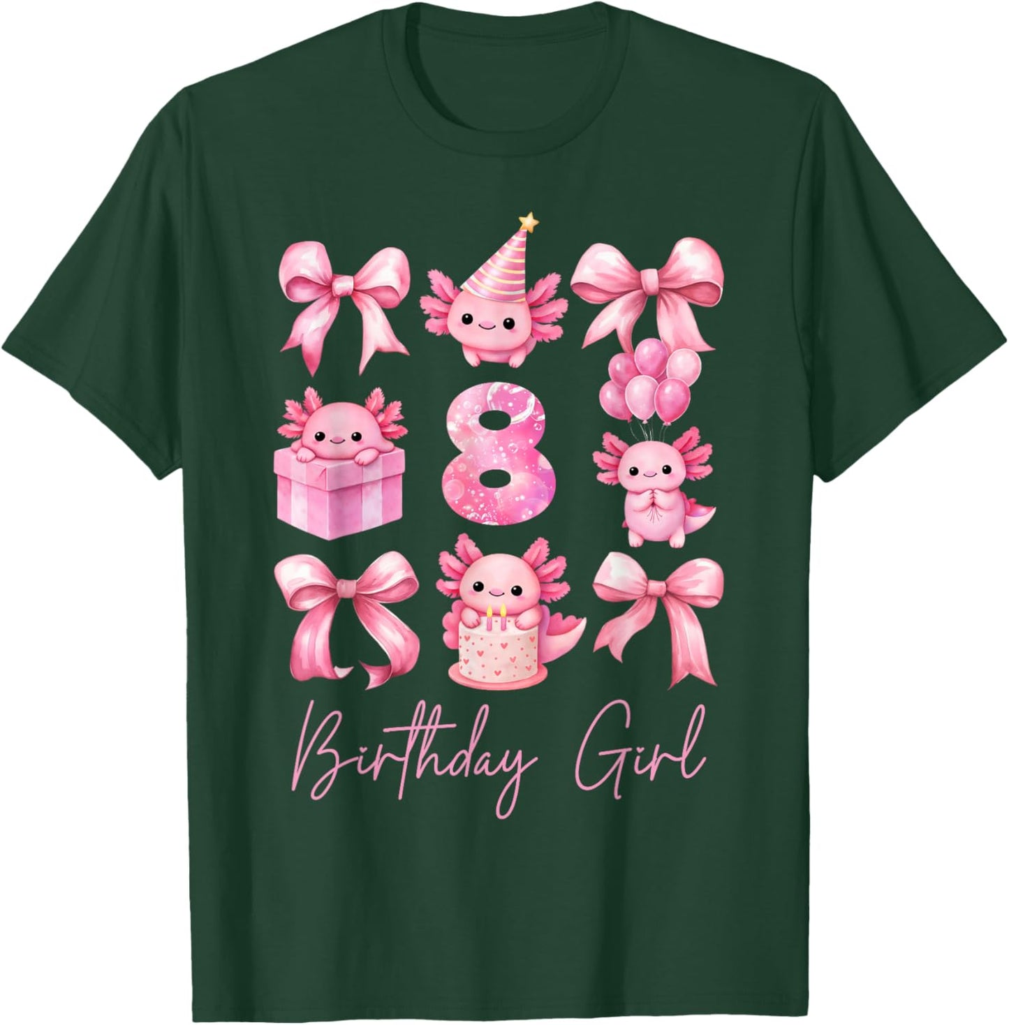 Cute Axolotl 8th Birthday Girl Pink Coquette Bow 8 Year Old T-Shirt - T-Shirt | Forest
