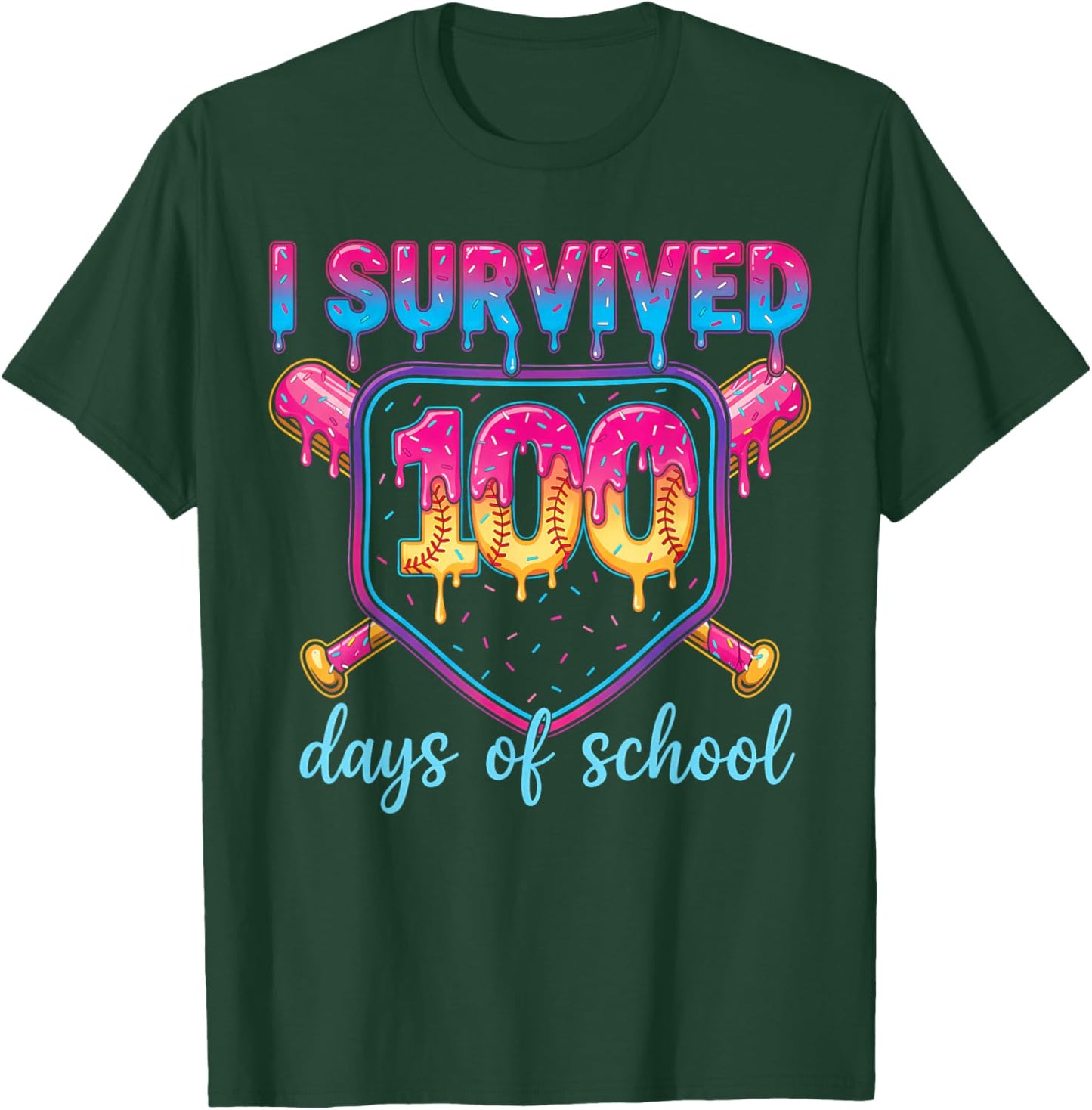 I Survived 100 Days of School Baseball 100th Day Kids Girls T-Shirt - T-Shirt | Forest