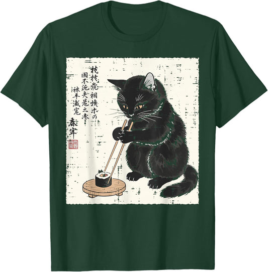 Japanese Black Cat Chopsticks Sushi Ukiyo-e Women Men Kids T-Shirt - T-Shirt | Forest