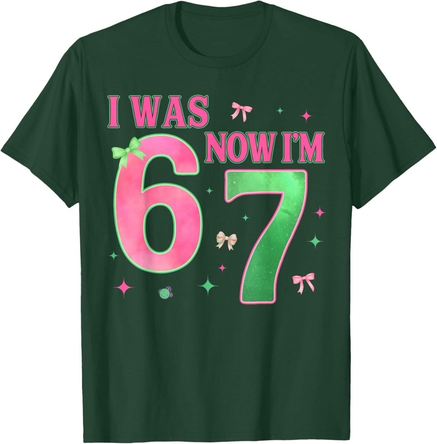 I was 6 Now I'm 7 Year Old Birthday Cute Bow Pink Green Bday T-Shirt - T-Shirt | Forest