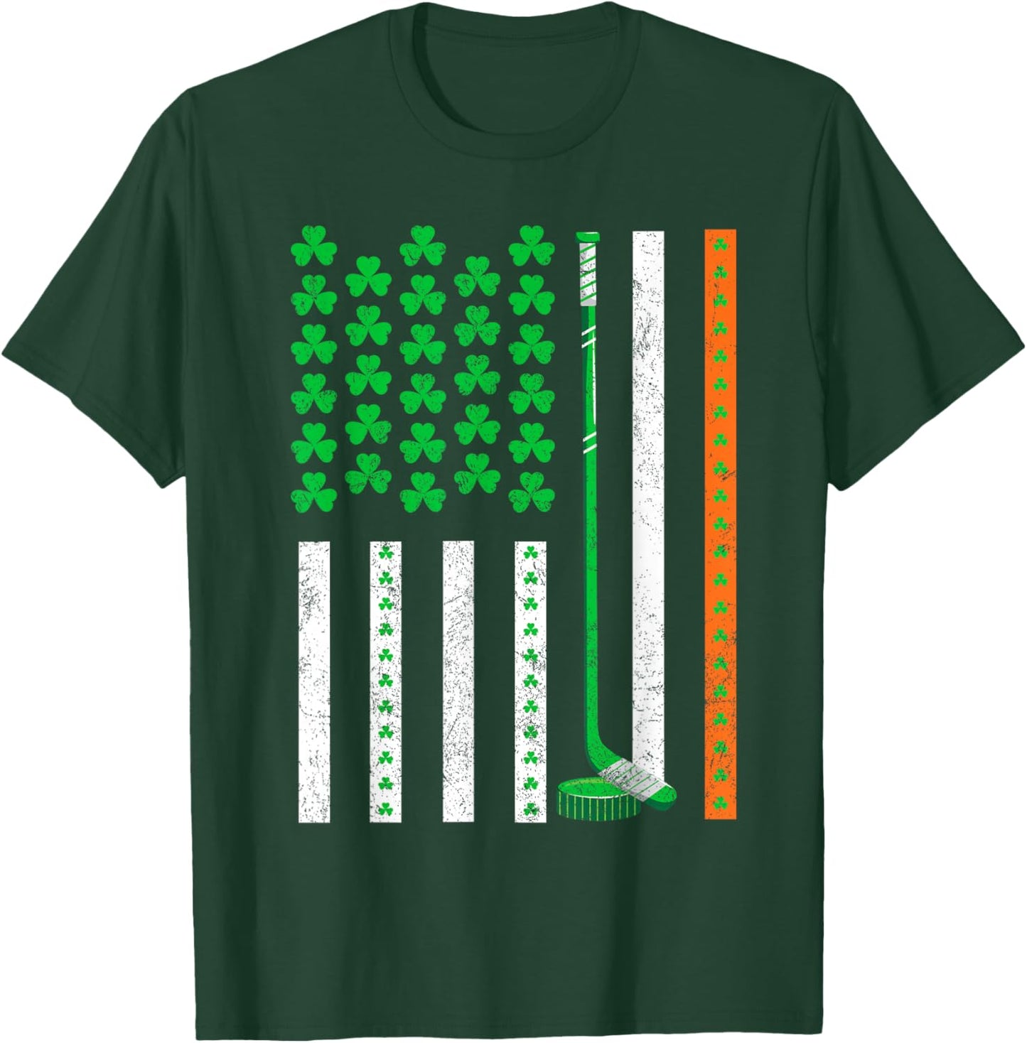 Vintage St Patrick's Day Shamrock Sport American Flag Hockey T-Shirt - T-Shirt | Forest